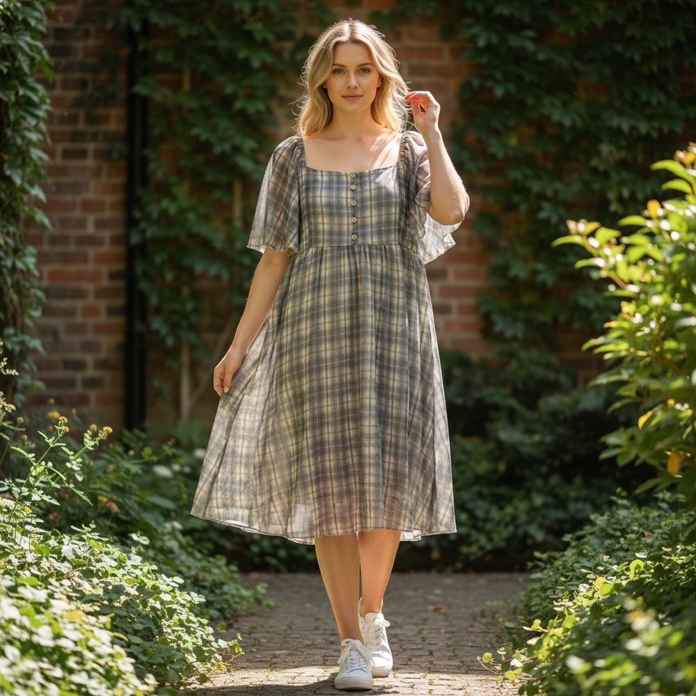 Arula Grey Tan Plaid Mesh Overlay Dress Square Neck Flutter Sleeve Size C 3X